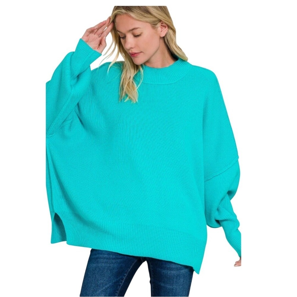 Zenana Womens Oversized Ribbed Mock Neck Sweater Turquoise Blue Size Medium - Picture 2 of 3